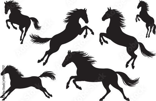 Set of six black horse silhouettes in various galloping and rearing poses