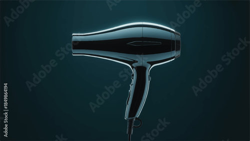 A sleek, modern hair dryer photographed against a dark teal background. 