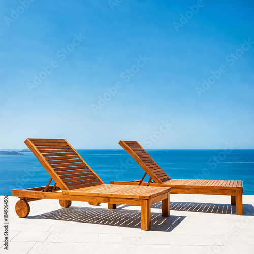 two wooden lounge chairs on...