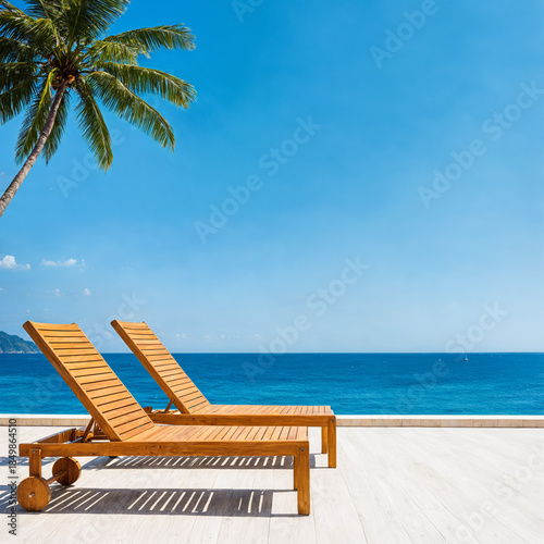 two wooden lounge chairs on...