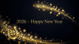 Neujahr 2026 – goldene Funken mit Hufeisen und vierblättrigem Kleeblatt auf dunklem Hintergrund