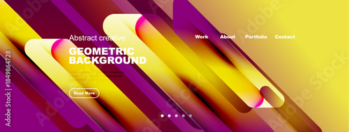 Dynamic gradients, geometric shapes create modern website header. Text overlays invite exploration, navigation visible.
