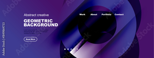 Modern website design. Purple gradient shapes create abstract background. Navigation includes work, about, portfolio, contact options.