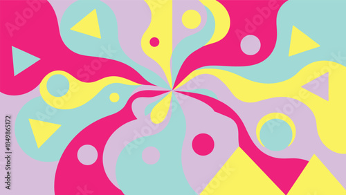 Vibrant and dynamic abstract flat vector design featuring a captivating swirl of organic and geometric shapes in a playful pastel palette of pink, yellow, blue, and purple