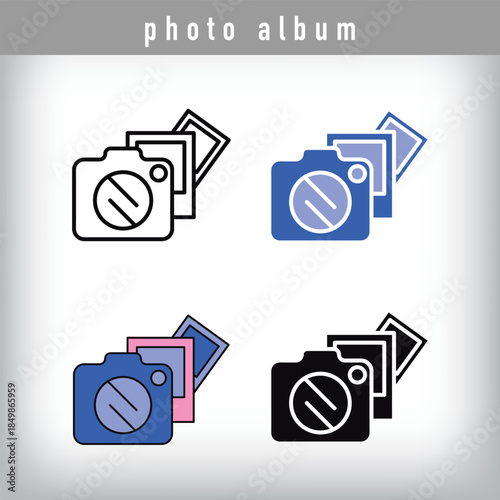 Four different simple photo album logo designs. Silhouette, color, and linear technology set.