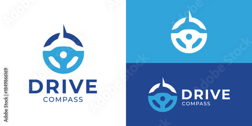 Creative simple drive compass logo template. Steering wheel with north arrow logo design vector illustration.