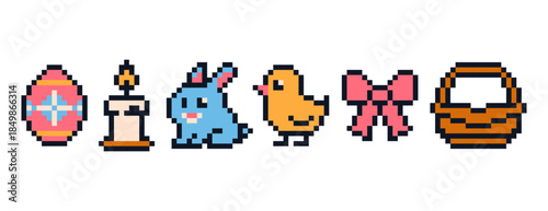 Easter icons set in pixel art design. 8-bit vintage video game style decorations pack. Cute holiday stuff.