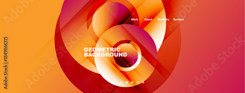 Abstract design features vibrant orange, red layers. Geometric shapes create dynamic background for website header, navigation.