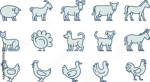 Blue line icon set of various farm animals including sheep, goat, cow, horse, cat, turkey, dog, donkey, chicken, and duck.