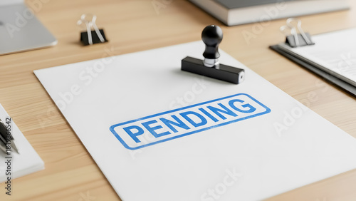 Pending stamp on office desk with paperwork and stationery