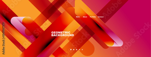 Abstract geometric design. Orange, red hues dominate composition. Minimalist text elements present work, about, portfolio, contact options.