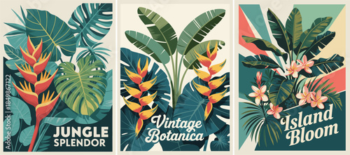 Retro art deco style set of three botanical posters with tropical flowers and foliage in teal coral and green on a cream background