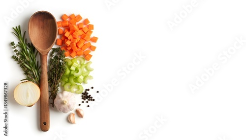 Wooden spoon with fresh chopped vegetables and herbs ingredients for cooking soup or stew isolated on white background