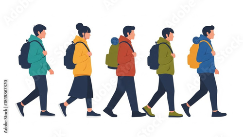 Vector illustration of backpackers and travelers walking on a journey