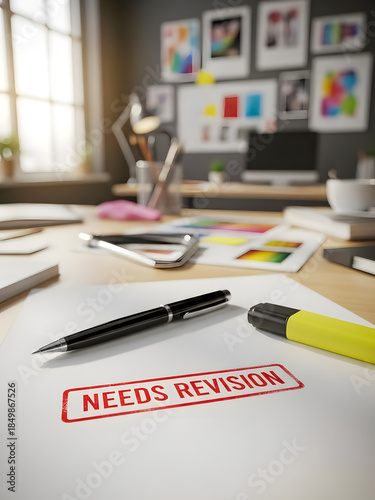 Paper with needs revision stamp on office desk with pen and marker