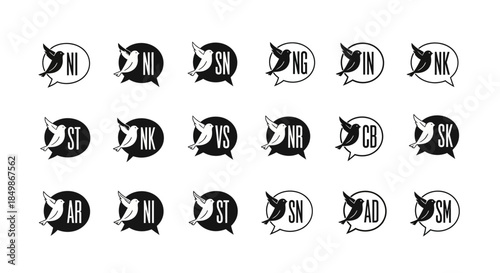 Collection of unique bird emblem designs set within speech bubbles isolated on white