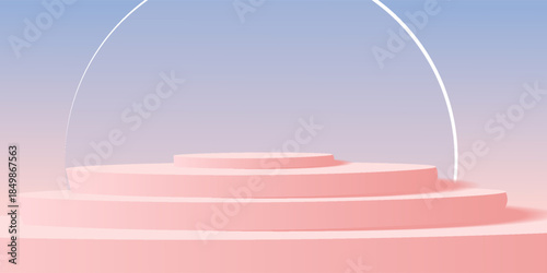 3D soft blue podium stairs on a blue sky background with a large circle glass transparent behind it, Product display, Mockup, Showcase