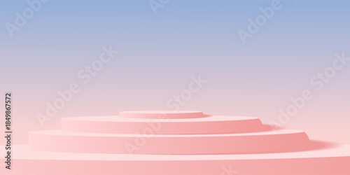 3D soft blue podium stairs on a blue sky background with a large circle glass transparent behind it, Product display, Mockup, Showcase