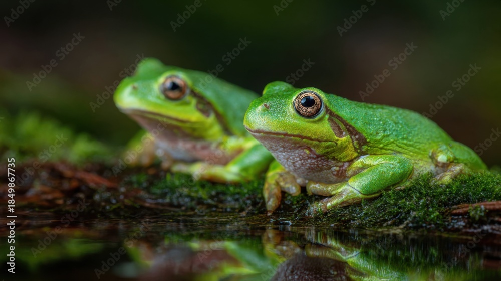 Naklejka premium Two Green Frogs Resting on Mossy Log