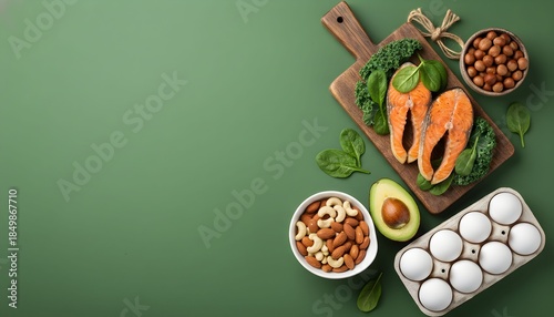 Healthy keto diet ingredients fresh salmon steaks with avocado nuts eggs and spinach on a wooden board flat lay for healthy eating concept