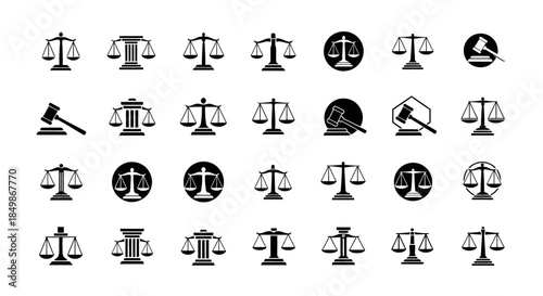 Diverse collection of black justice symbols representing law and legal matters expertly designed