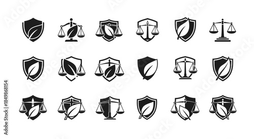 Vector collection featuring symbols combining scales of justice shields and leaves emblem
