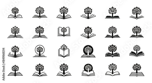 Monochromatic vector glyph set showcasing diverse tree-of-knowledge book logos in black and white
