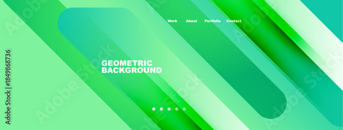 Abstract geometric background. Green, turquoise gradients create dynamic visual effect. Text elements present, simple navigation visible.