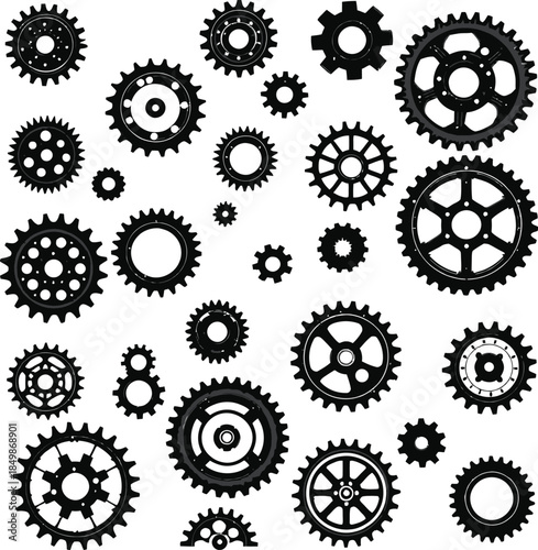 Gear and cogwheel icon set with varied silhouettes for mechanical, engineering, and industrial design themes