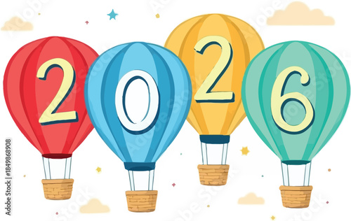Colorful hot air balloon icon set forming 2026 with clouds and stars for New Year celebration and festive themes