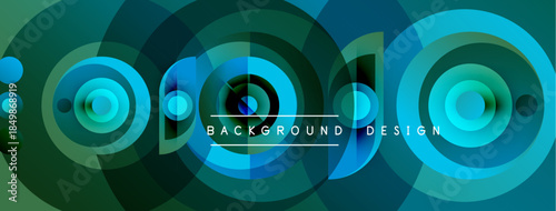 Abstract circles overlap, creating vibrant blue, green gradients. Text reads background design centered within composition. Modern, dynamic visual.