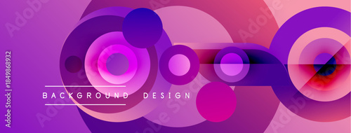Abstract purple design features overlapping circles, gradients. Modern background with text elements, vibrant colors.