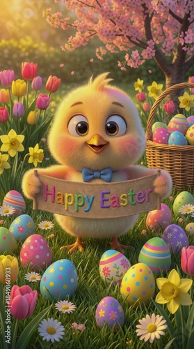 Little chick holds banner among colorful Easter eggs and flowers