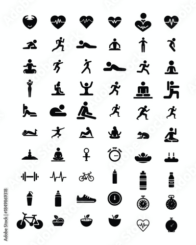 Fitness Exercise Icons Set Yoga Gym Running Workout Health Lifestyle Symbols