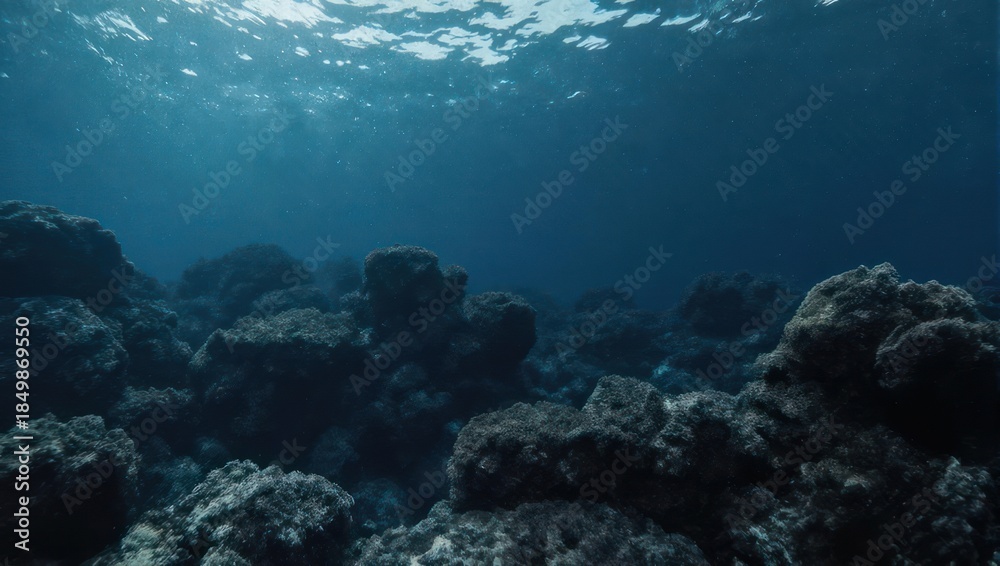 Naklejka premium Underwater view of a vibrant coral reef with sunlight filtering through the ocean surface.