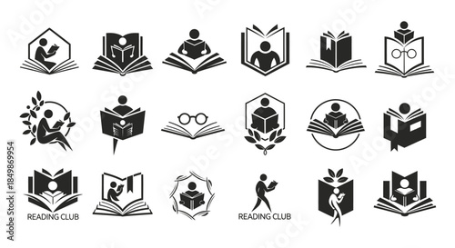Collection of minimalist black and white reading and book logo designs emblem compilation