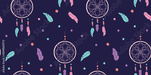 Relaxation and Sleep Wellness Illustration with Dreamcatcher, Feathers and Night Sky for Insomnia Awareness