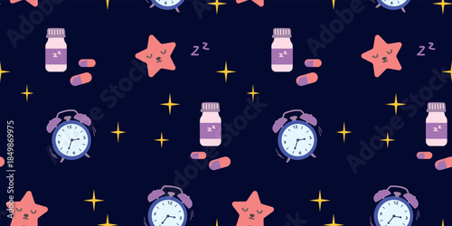 Sleep Routine Seamless Pattern with Alarm Clock, Pills, Stars and Night Symbols, Wellness Pattern