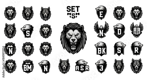 Monochromatic emblem collection with stylized lions wolves and eagles sporting initials