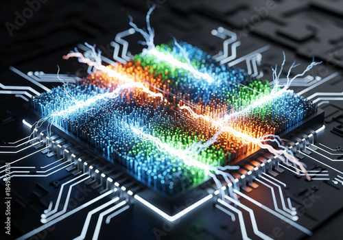 Microchip with glowing circuit pathways in vibrant neon colors on dark background for technology advertising