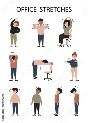 Office workers stretching.  Stretch exercises to relieve neck pai. Medical banner or poster. Vector