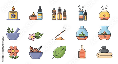 Collection of spa and wellness icons promoting relaxation and holistic lifestyle practices through