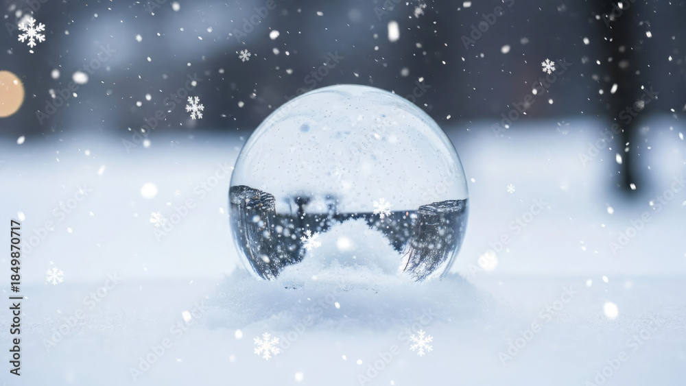Fototapeta premium Crystal ball on snowy ground with snowflakes falling around