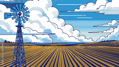 Vast Agricultural Field with Traditional Windmill Under Dynamic Cloudy Sky, Illustrating Rural Landscape and Sustainable Farming in Graphic Style