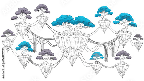 Whimsical fantasy landscape illustration featuring vibrant blue and purple bonsai trees on interconnected floating islands, a surreal nature scene