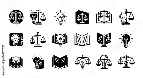 Collection of law and justice themed icon designs representing intellectual property