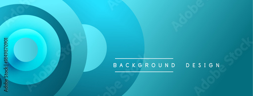Abstract blue circles create dynamic background. Gradient shades suggest depth, modern design elements present. Simple text labels design concept.