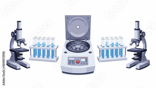 Comprehensive scientific laboratory setup for medical and biological research, featuring essential equipment like microscopes, test tubes, and a centrifuge, ideal for various experimental procedures