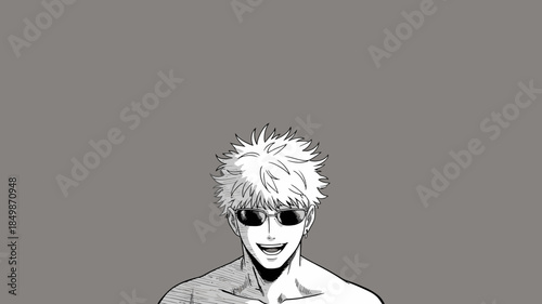 Anime Style Man Portrait with Spiky Hair and Sunglasses Smiling Confidently