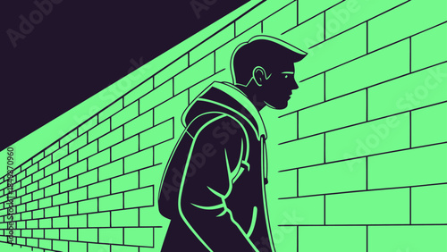 Urban Night Walker Silhouette Against Fluorescent Brickwork - Graphic Illustration